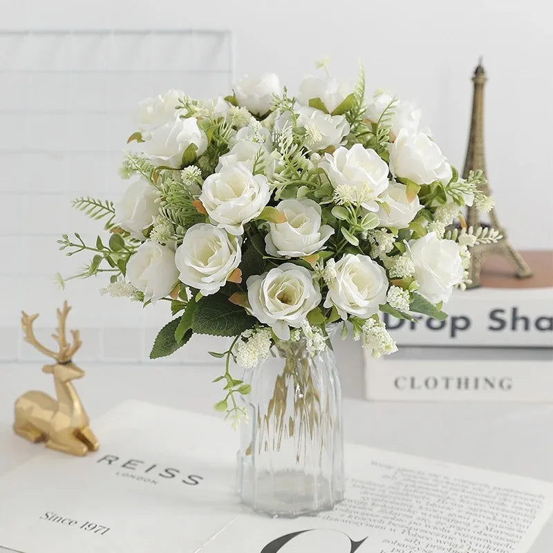 30cm Premium Silk Rose & Peony Bouquet (5 Big Heads & 4 Buds)