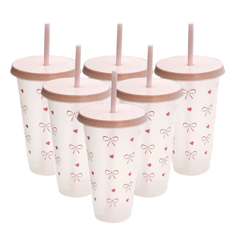1Pc a Cute Bowknot Water Bottle Aesthetic Tumbler For Ice Coffee Juice Te Plastic Cups With Straw Lid Portable Drinking Bottle