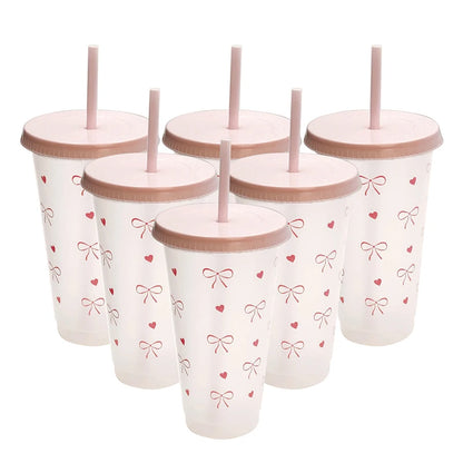 1Pc a Cute Bowknot Water Bottle Aesthetic Tumbler For Ice Coffee Juice Te Plastic Cups With Straw Lid Portable Drinking Bottle