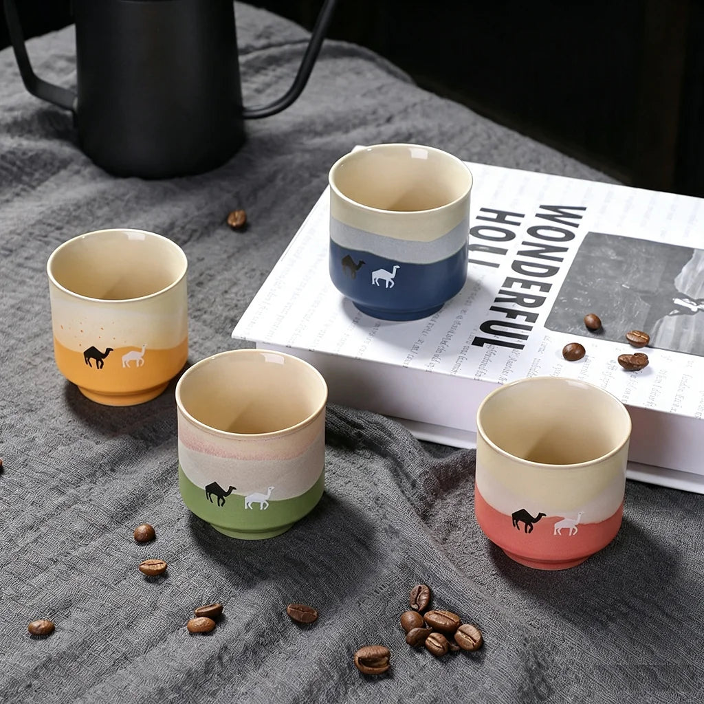 Retro Small Tea Cups 2oz 60ml Coarse Ceramic Camel Print Mini Coffee Mugs