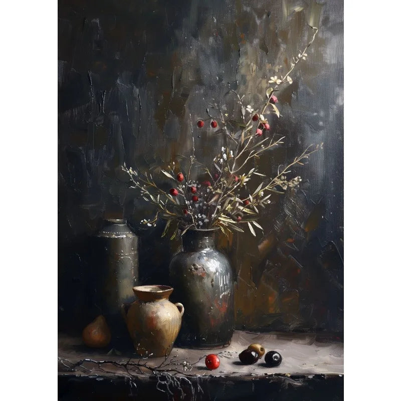 Retro Still Life Lemon & Olive Tree Frameless Canvas Poster