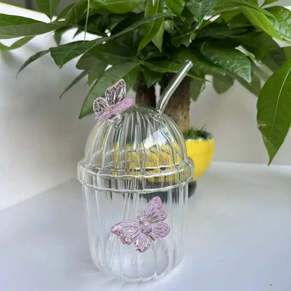 400ml Butterfly Glass Cup with Lid & Straw 🦋☕