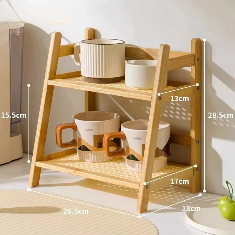 Retro Bamboo 2 Layer Storage Rack Countertop Organizer Stable Kitchen Shelf for Home Hotel Apartment Dressing Table
