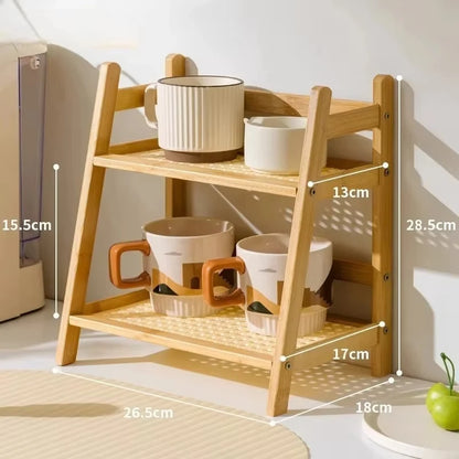 Retro Bamboo 2 Layer Storage Rack Countertop Organizer Stable Kitchen Shelf for Home Hotel Apartment Dressing Table