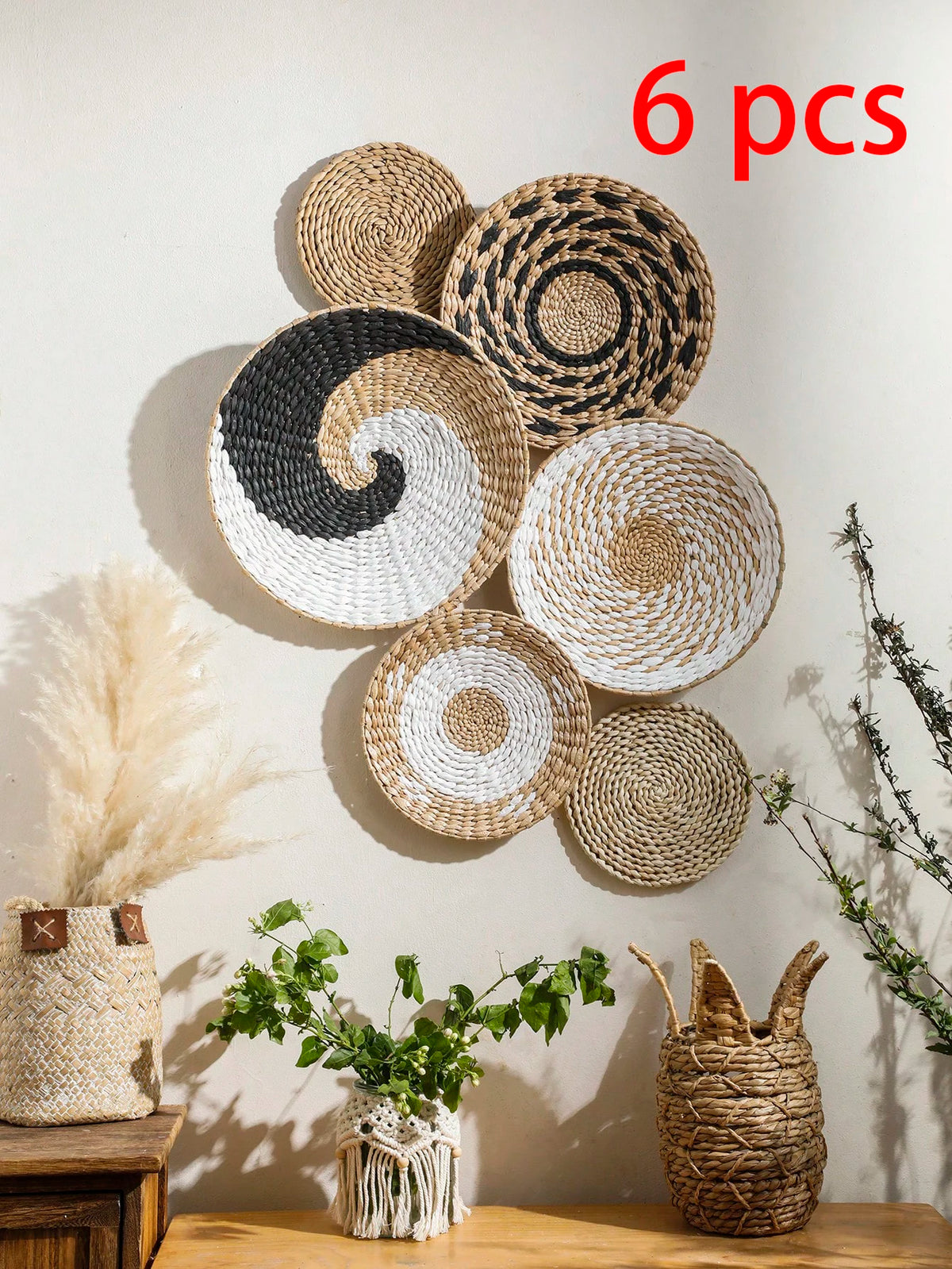 1/6 Pcs Boho Hand Woven Wall Basket Hanging Home Decorative Rustic Wall Basket Decor Art Gift for Kitchen Farmhouse Living Room