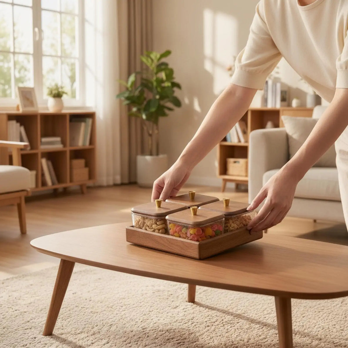 Walnut Wood Compartment Tray Glass Containers with Gold Knobs Decorative Tray for Hospitality Reception and Parties