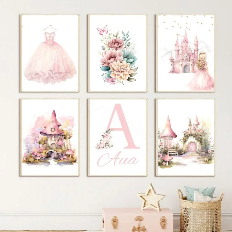 Pink Princess Castle Horse Flamingo Name Custom Nursery Wall Art Canvas Painting Posters And Prints Pictures For Girl Room Decor