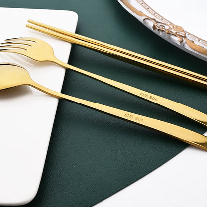 3-Piece Stainless Steel Cutlery Set with Storage Box – Portable Spoon, Fork &amp; Chopsticks