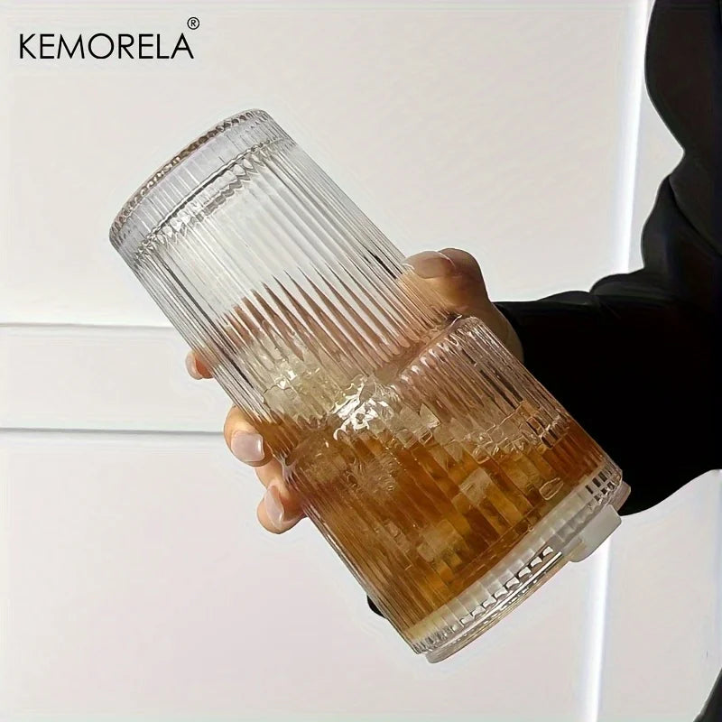 600ML Stripe Glass Coffee Cup with Lid