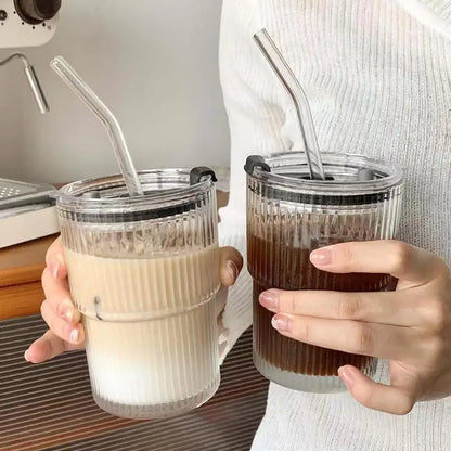 450ml Creative Stripe Glass Cup with Lid & Straw 🥤✨