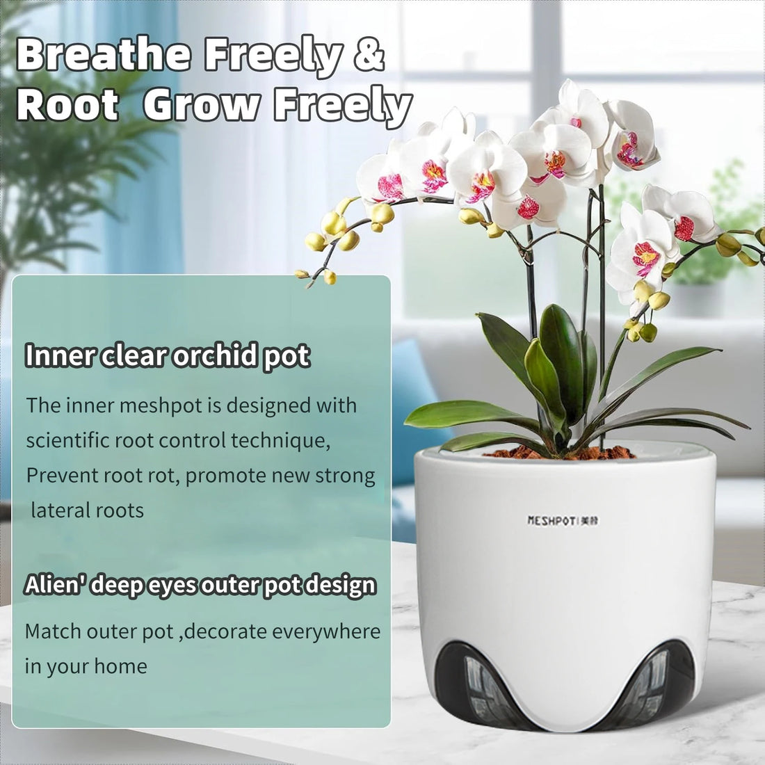 Meshpot Double Layer Orchid Pots with Holes - Plastic Planters Imitate Ceramic, Air Circulation Design for Phalaenopsis Orchid