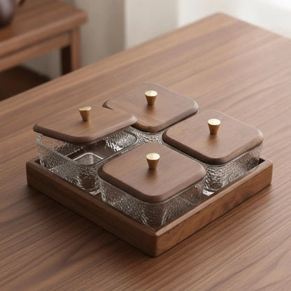 Walnut Wood Compartment Tray Glass Containers with Gold Knobs Decorative Tray for Hospitality Reception and Parties