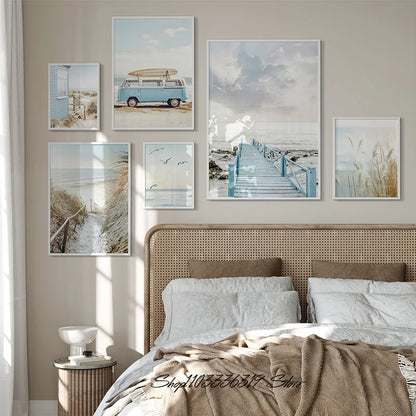 Beach Coastal Ocean Landscape Canvas Poster with Pampas Grass