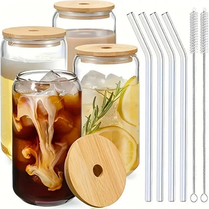 2/4/6pcs Glass Cups 500ml with Spill-Proof Lids And Straws Straw Cleaning Brushes for Hot/Iced BeerCoffee Tea Milk