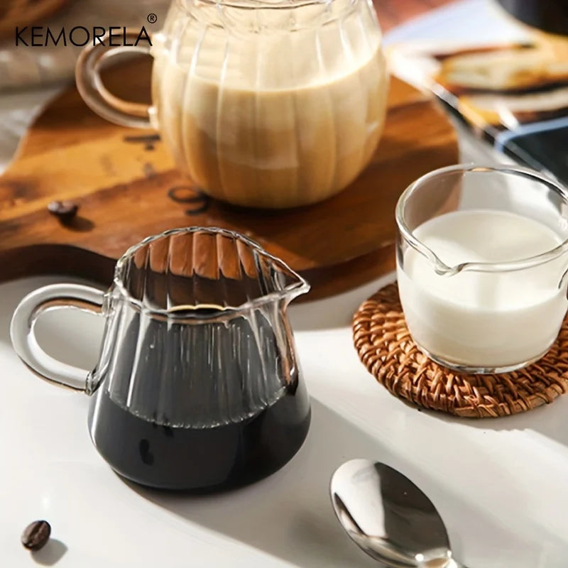 KEMORELA 1PC Retro Striped Glass Mini Coffee Cup Dishwasher-Safe Milk Creamer Measuring Jar for Coffee Extraction