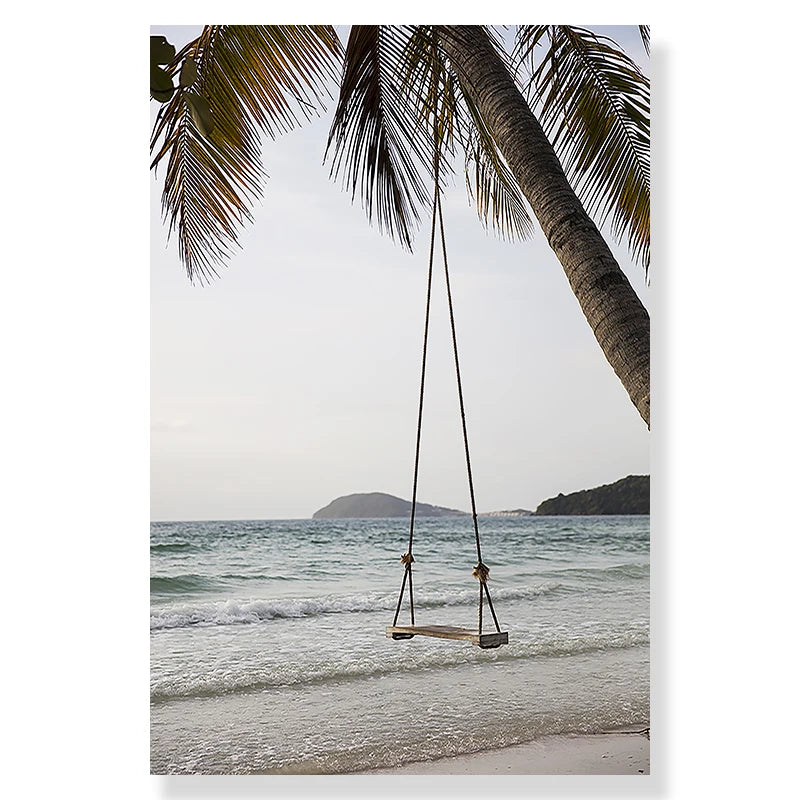 Tropical Beach Ocean Palm Tree & Banana Leaves Canvas Poster