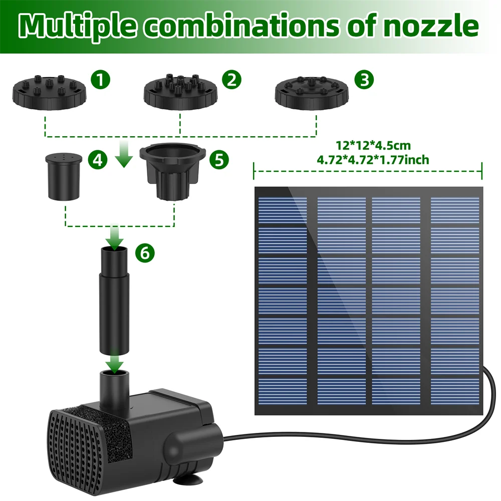 1.8W Solar-Powered Water Fountain Solar Fountain Bird Bath Pump with 6 Nozzles DIY Water Feature for Garden Pond Bird Bath, IPX8