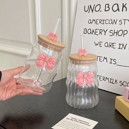 Elegant Bow-Knot Wavy Glass Cup with Lid & Straw 🎀🥤