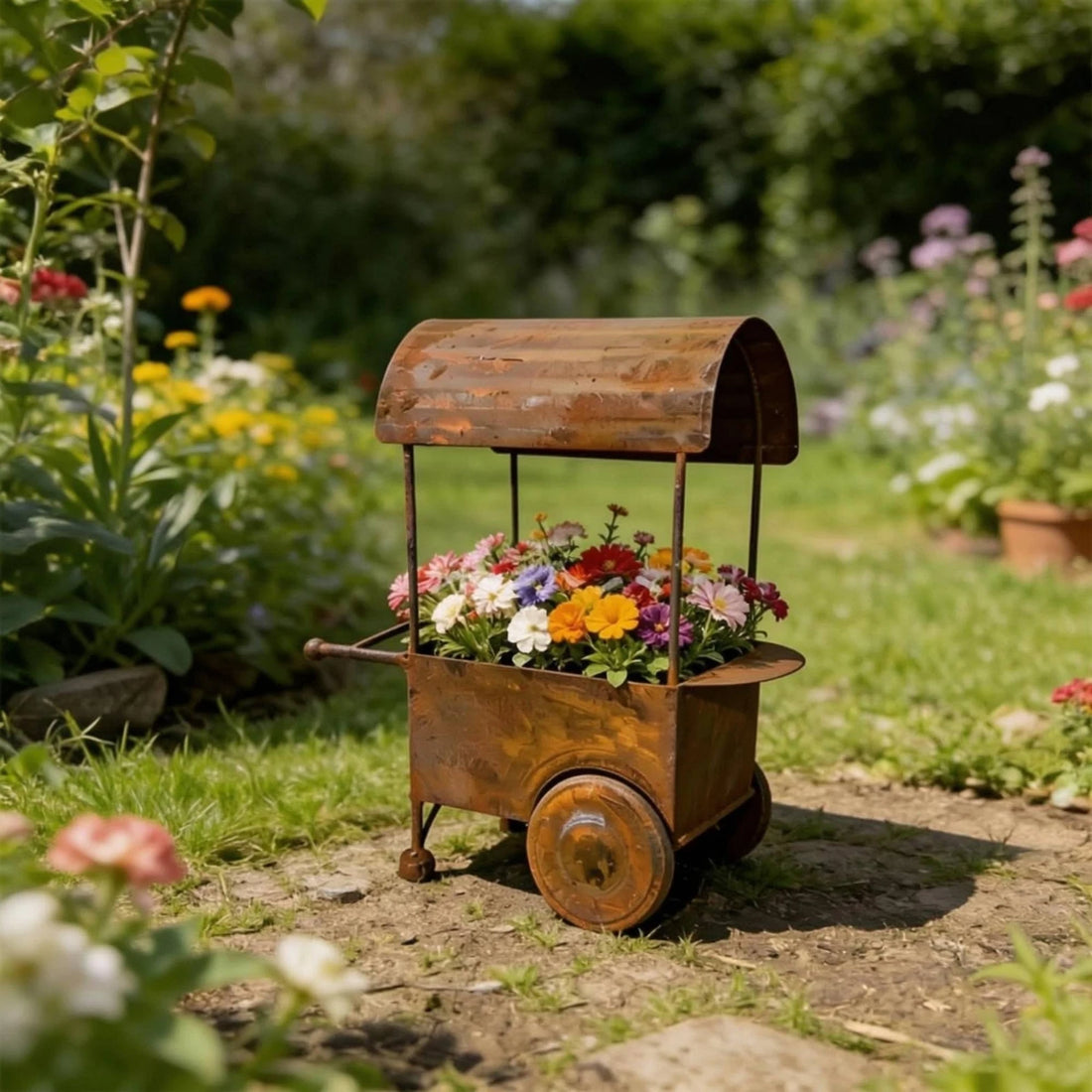 Distressed Metal Wagon Planter Vintage Rustic Iron Planter Flower Wagon Compact Size Plant Holder Cottagecore Aesthetic