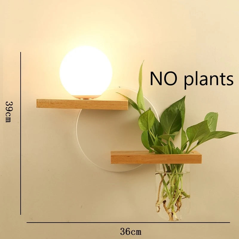 Modern Wooden LED Wall Lamp with Green Plant Design – Nordic Home Decor