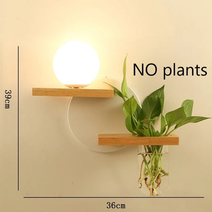 Modern Wooden LED Wall Lamp with Green Plant Design – Nordic Home Decor