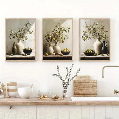 Retro Still Life Lemon & Olive Tree Frameless Canvas Poster
