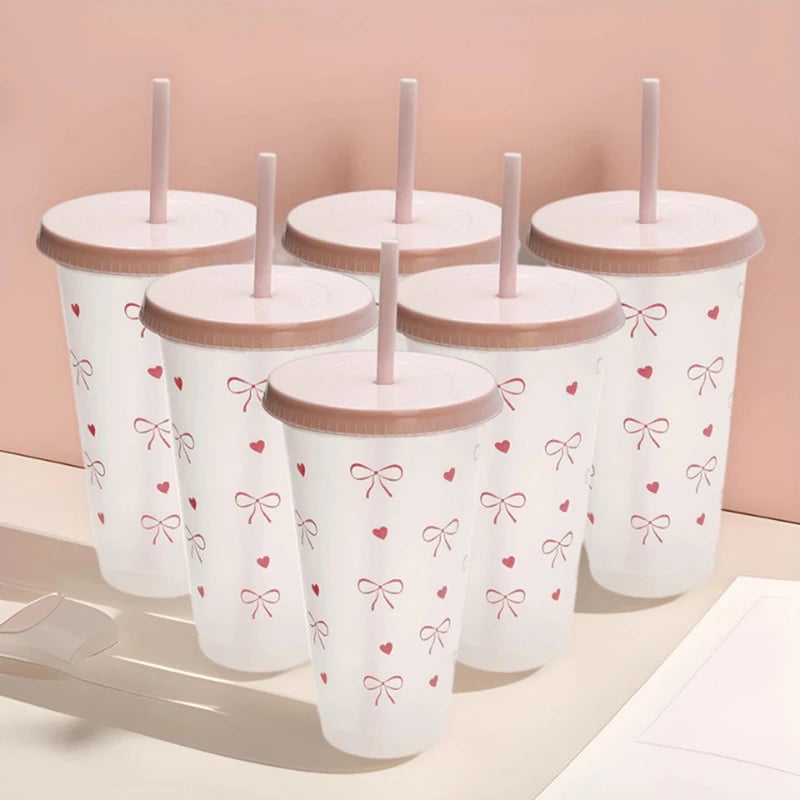 1Pc a Cute Bowknot Water Bottle Aesthetic Tumbler For Ice Coffee Juice Te Plastic Cups With Straw Lid Portable Drinking Bottle