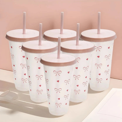 1Pc a Cute Bowknot Water Bottle Aesthetic Tumbler For Ice Coffee Juice Te Plastic Cups With Straw Lid Portable Drinking Bottle