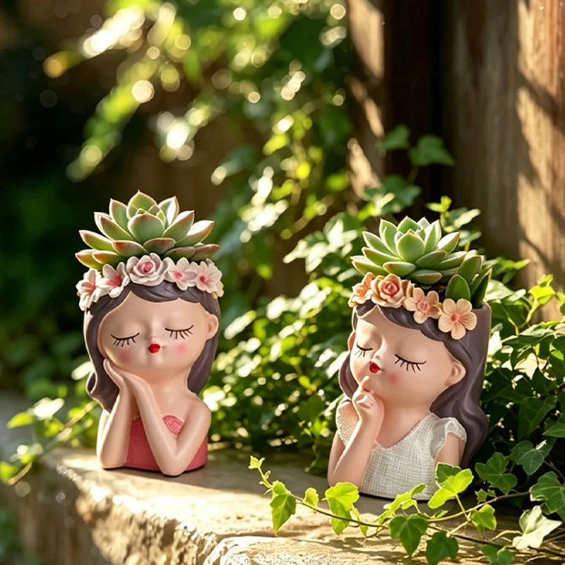 Whimsical Floral Crown Girl Resin Planter Pot Sweet Lady Face Container for Cacti Trailing Plants Home Desktop Balcony Ornament