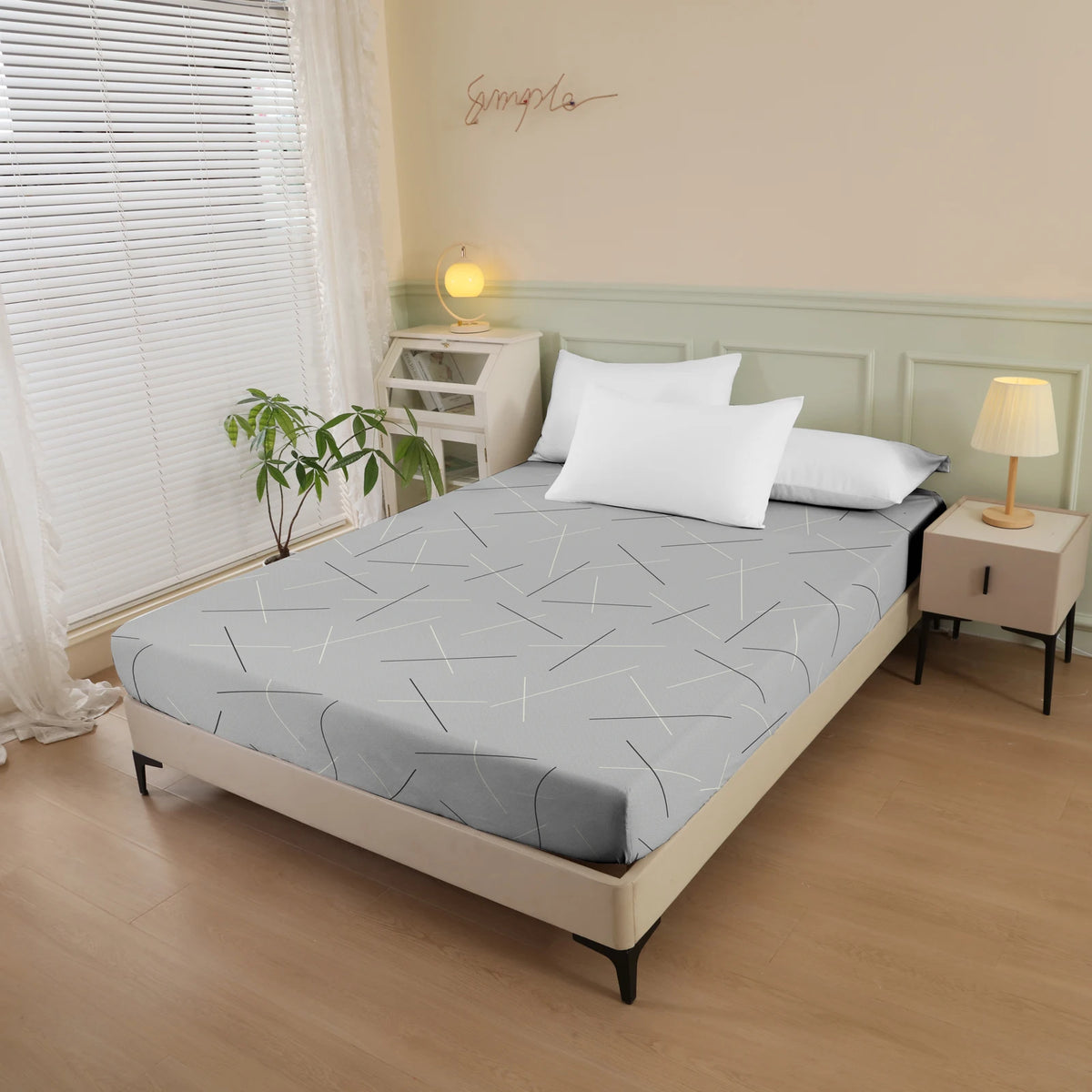 Geometric Star Pattern Printed Fitted Sheet, 1-Piece Mattress Cover (Pillowcase and Pillow Insert Not Included), Simple Line Design Polyester Fiber 3D Dirt-Resistant Mattress Protector, Soft and Breathable Polyester Fitted Sh