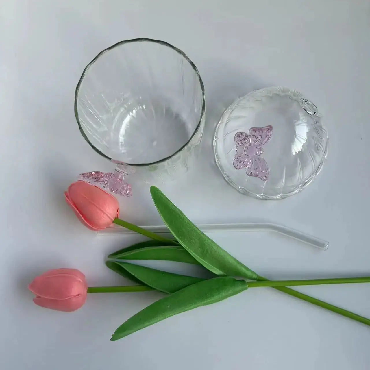 400ml Butterfly Glass Cup with Lid & Straw 🦋☕