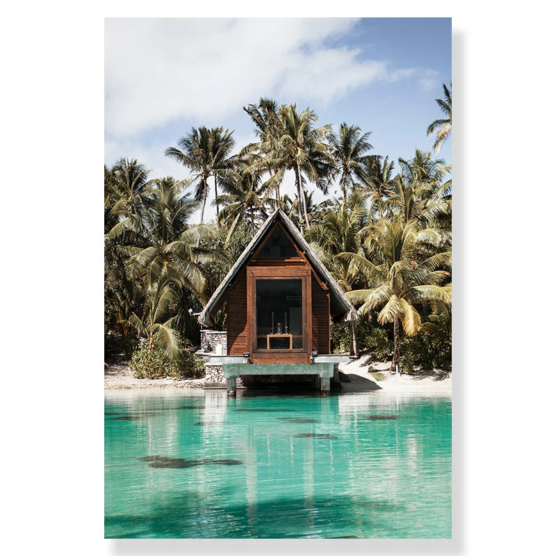 Tropical Beach Ocean Palm Tree & Banana Leaves Canvas Poster