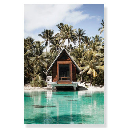 Tropical Beach Ocean Palm Tree & Banana Leaves Canvas Poster