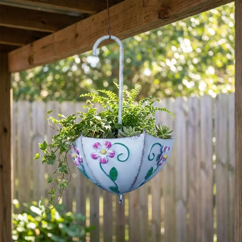 Iron Art Umbrella Shaped Flower Pot Wall Mounted Rustic Style Hanging Plant Planter Large Capacity Funny Plant Container