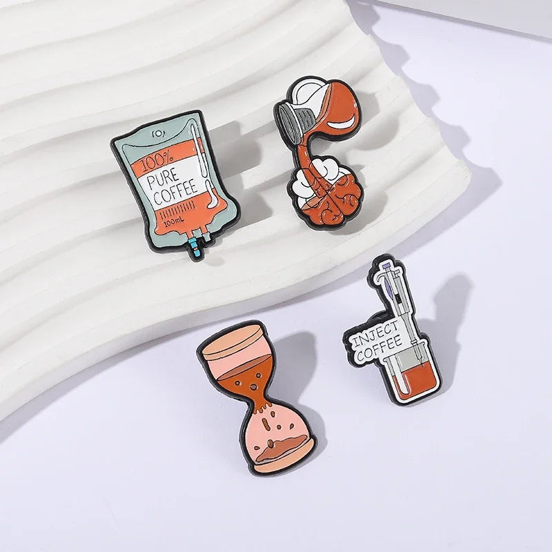 100% Pure Coffee Bag Medical Enamel Pins Coffee Filling Brain Inject Coffee Hourglass Brooch Lapel Badge Jewelry Gift for Friend