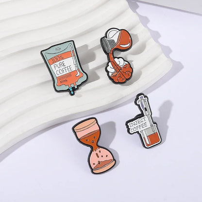100% Pure Coffee Bag Medical Enamel Pins Coffee Filling Brain Inject Coffee Hourglass Brooch Lapel Badge Jewelry Gift for Friend