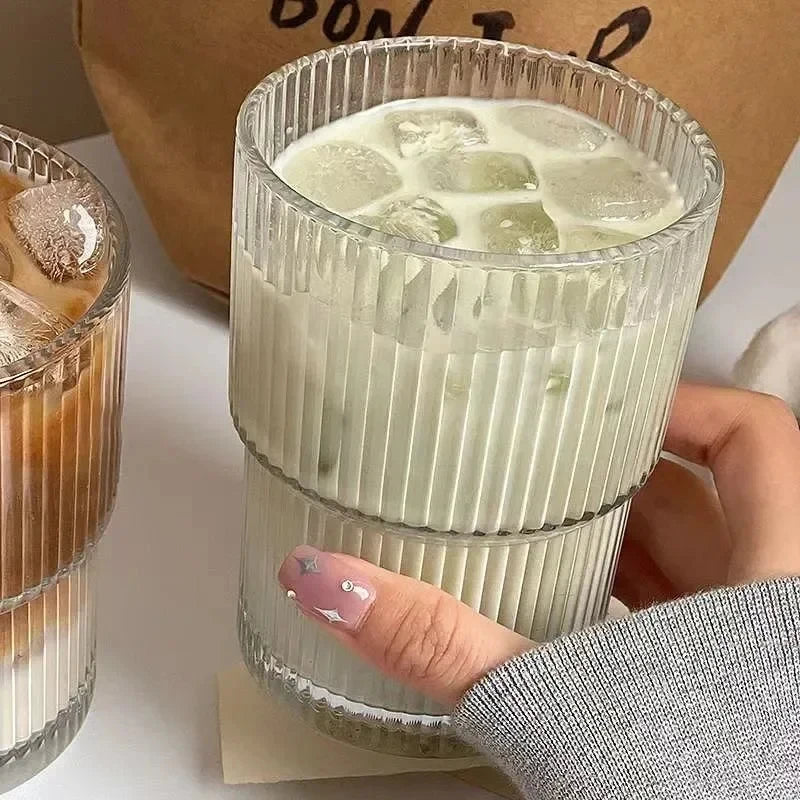 450ml Stripe Glass Cup with Lid & Straw 🥤✨