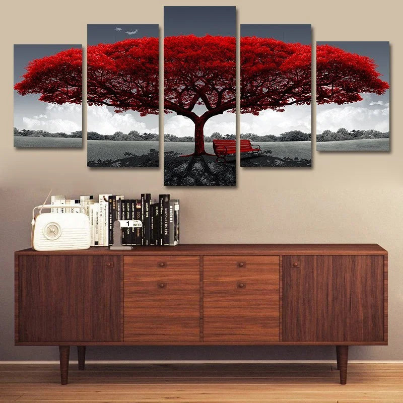 5Pcs/Set Modern Red Lucky Tree Wall Art Canvas Posters