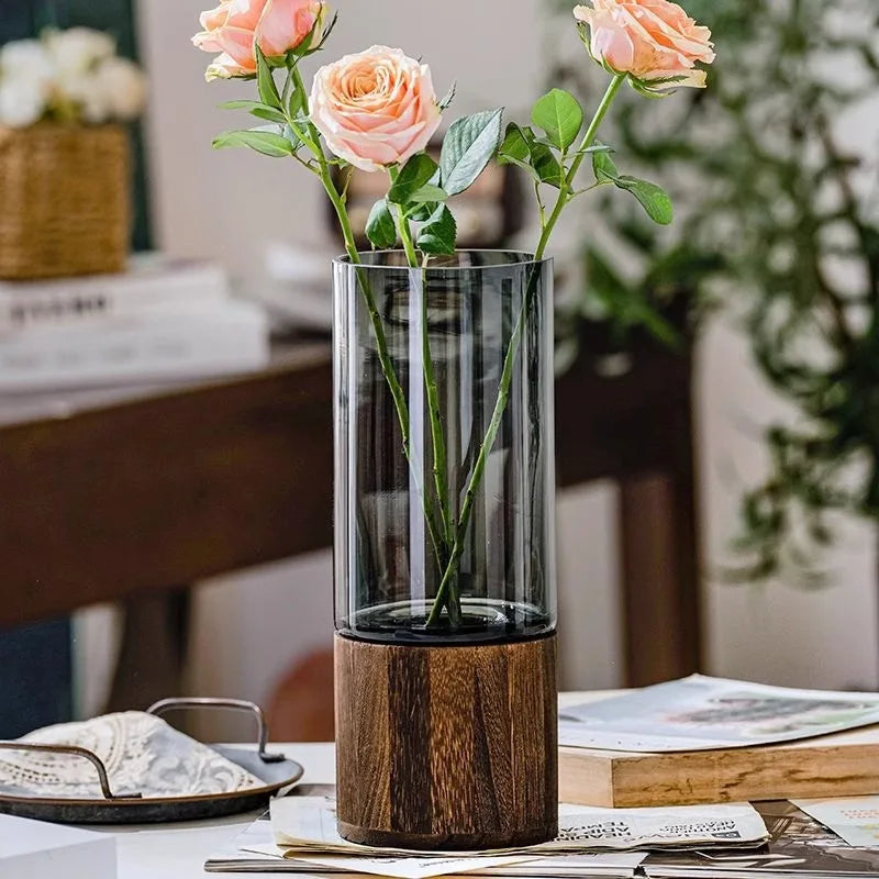 Minimalist Glass Vase with Wooden Base – Modern Hydroponic Plant Decor